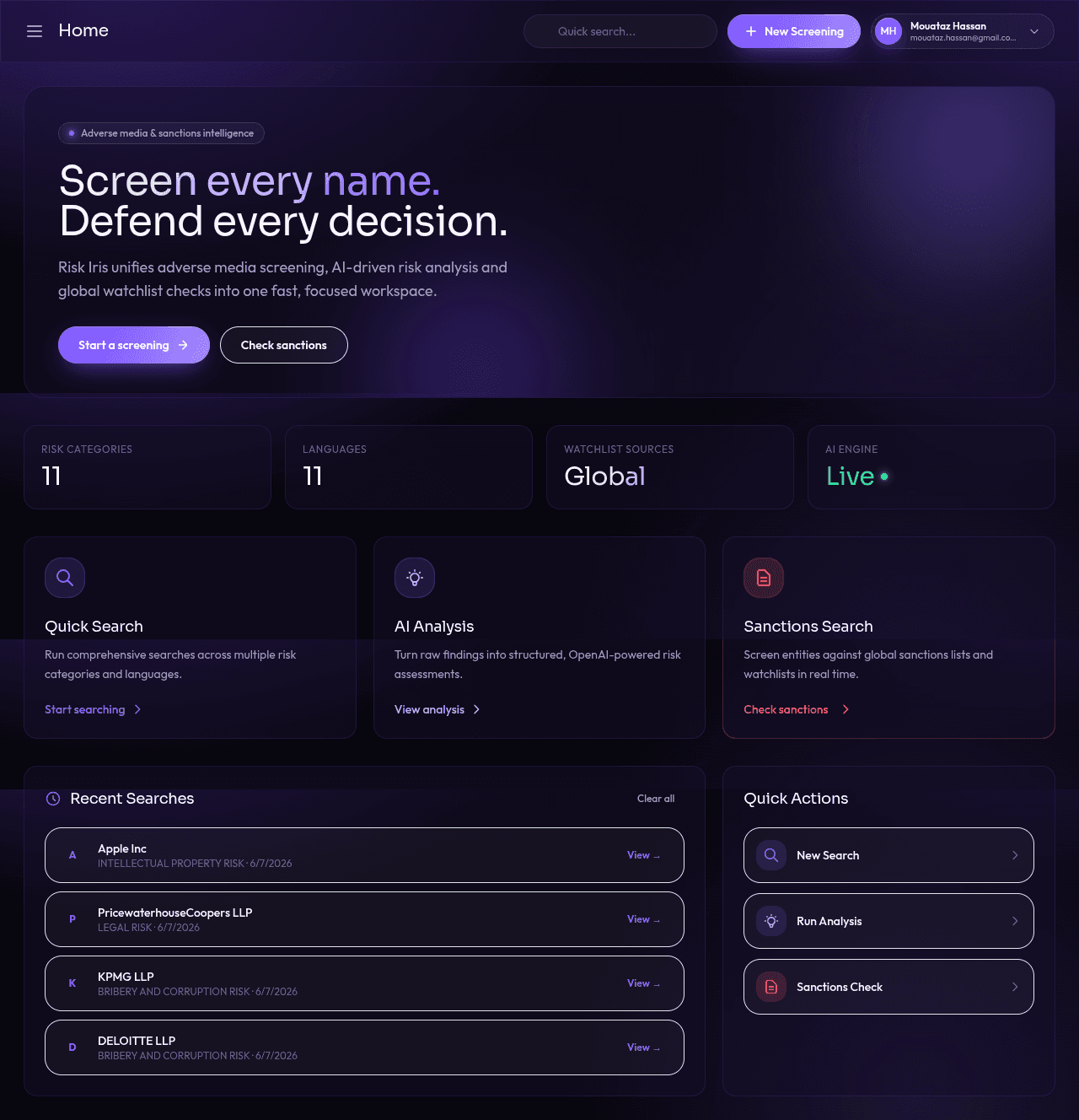Risk Iris Sanctions Intelligence Dashboard